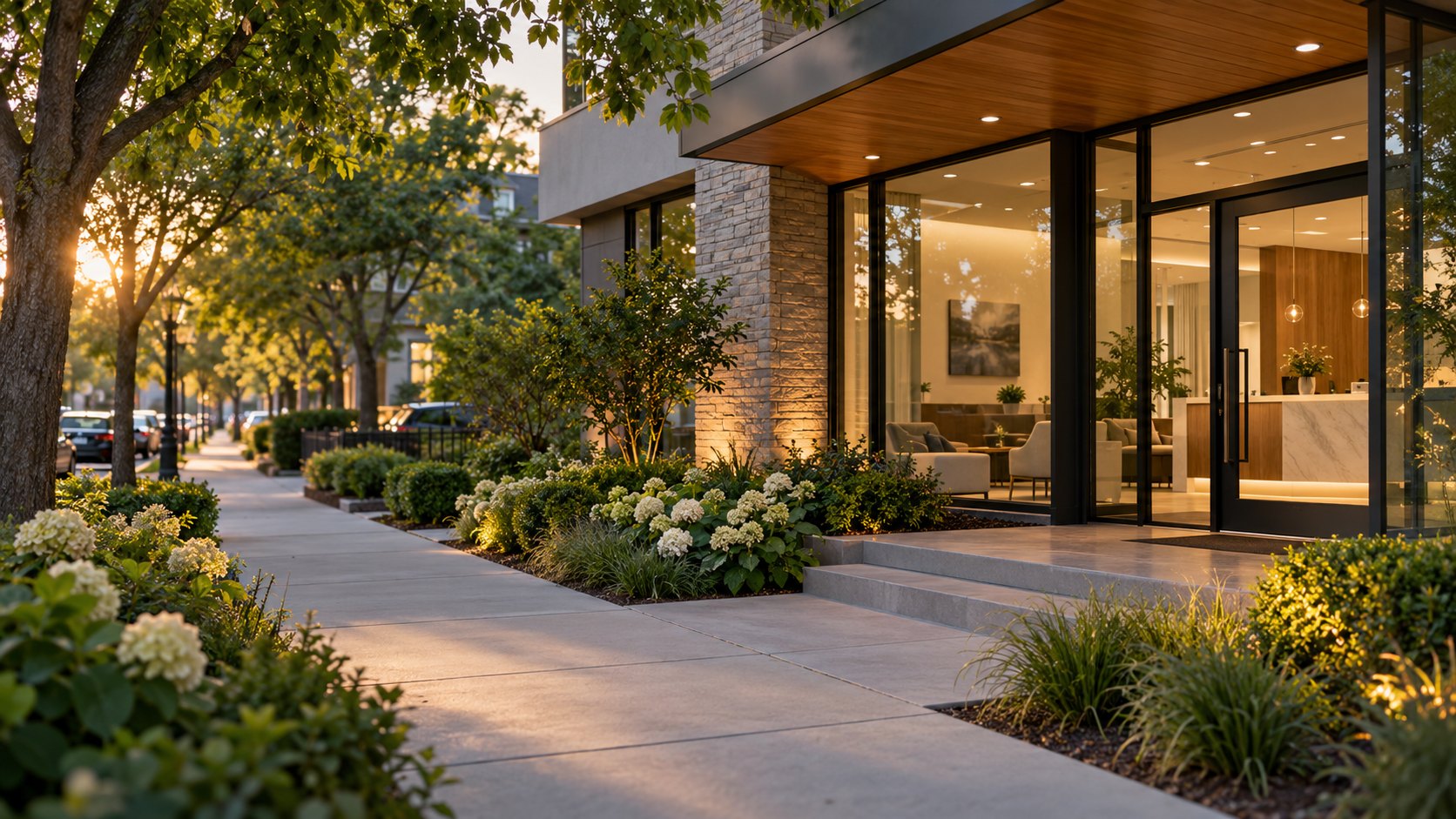 Modern neighborhood dental practice entrance at dusk