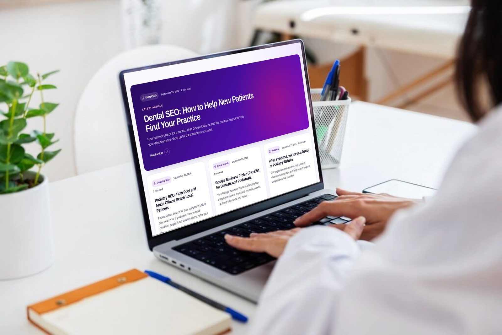 DigiMunks Insights | Dental and podiatry marketing articles Laptop open to DigiMunks articles about dental and podiatry marketing