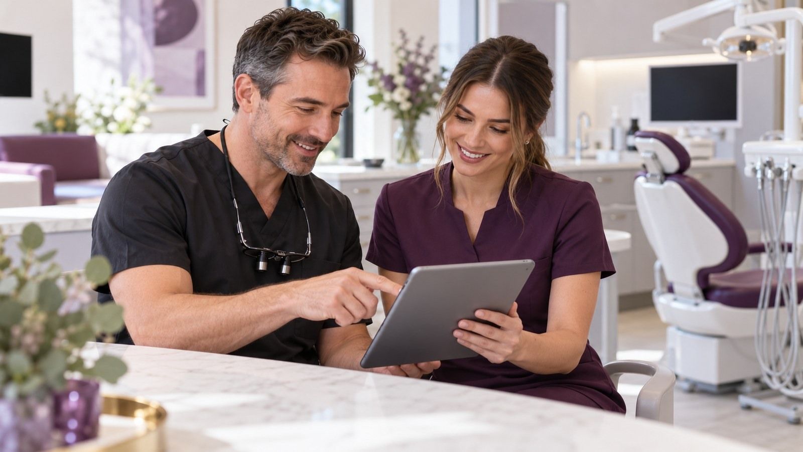 Dentist and dental assistant reviewing a patient treatment plan on a tablet in a modern dental practice