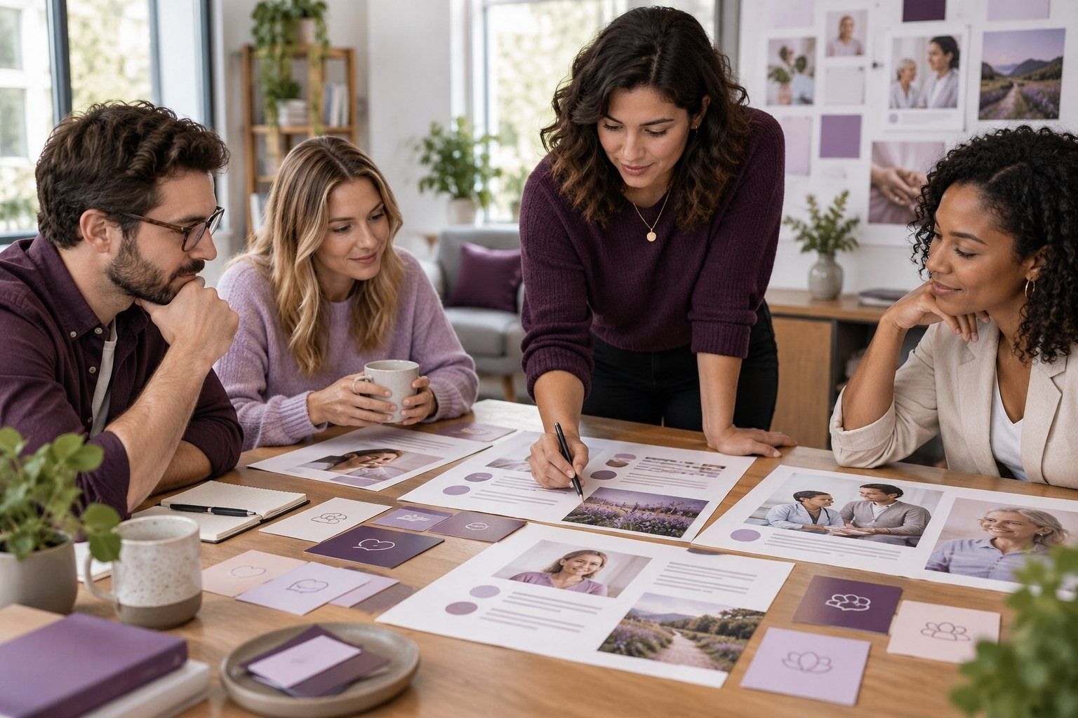 Design team reviewing healthcare website layouts, photography and brand boards at a studio table