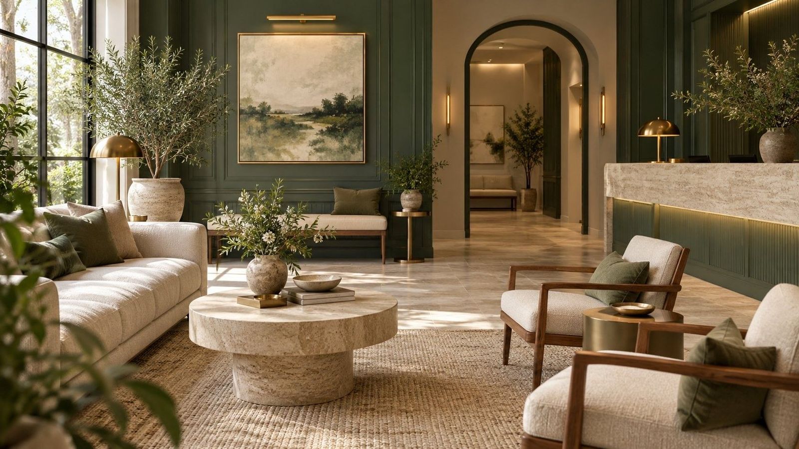 Welcoming dental practice lounge with sofas, plants and warm lighting