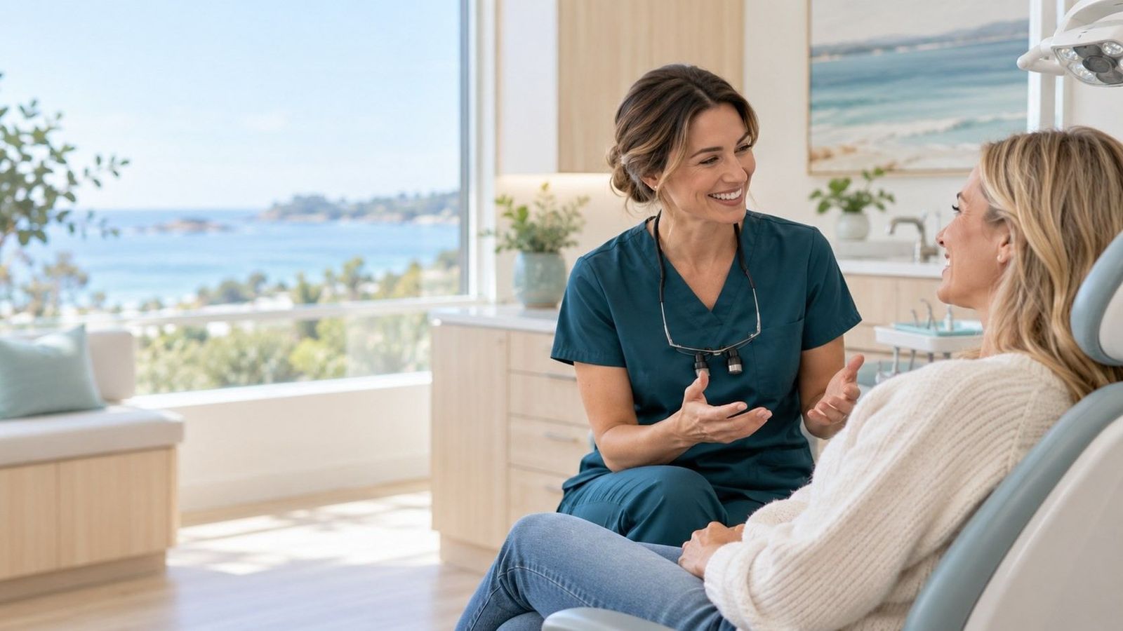 Dentist in teal scrubs talking with a relaxed patient beside a large window