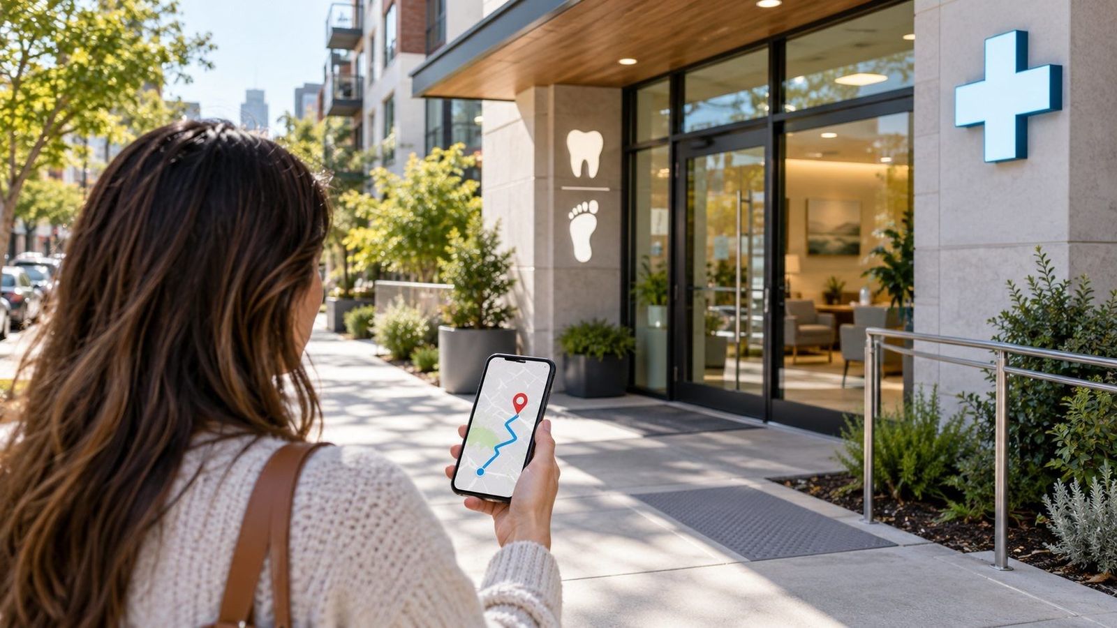Patient finding a nearby dental and podiatry clinic on a phone map outside the clinic entrance