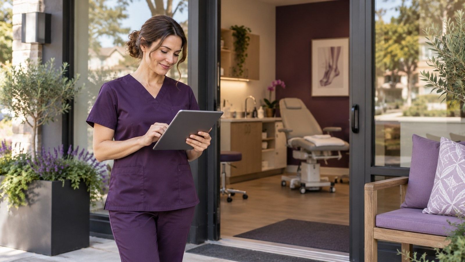 Podiatry clinician holding a tablet at the entrance to a bright foot and ankle treatment room