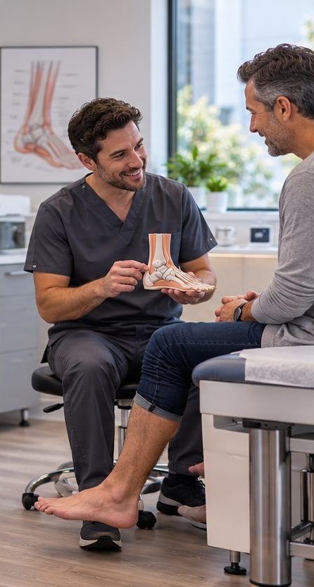 Podiatrist examining a patient’s foot during an appointment in a podiatry exam room
