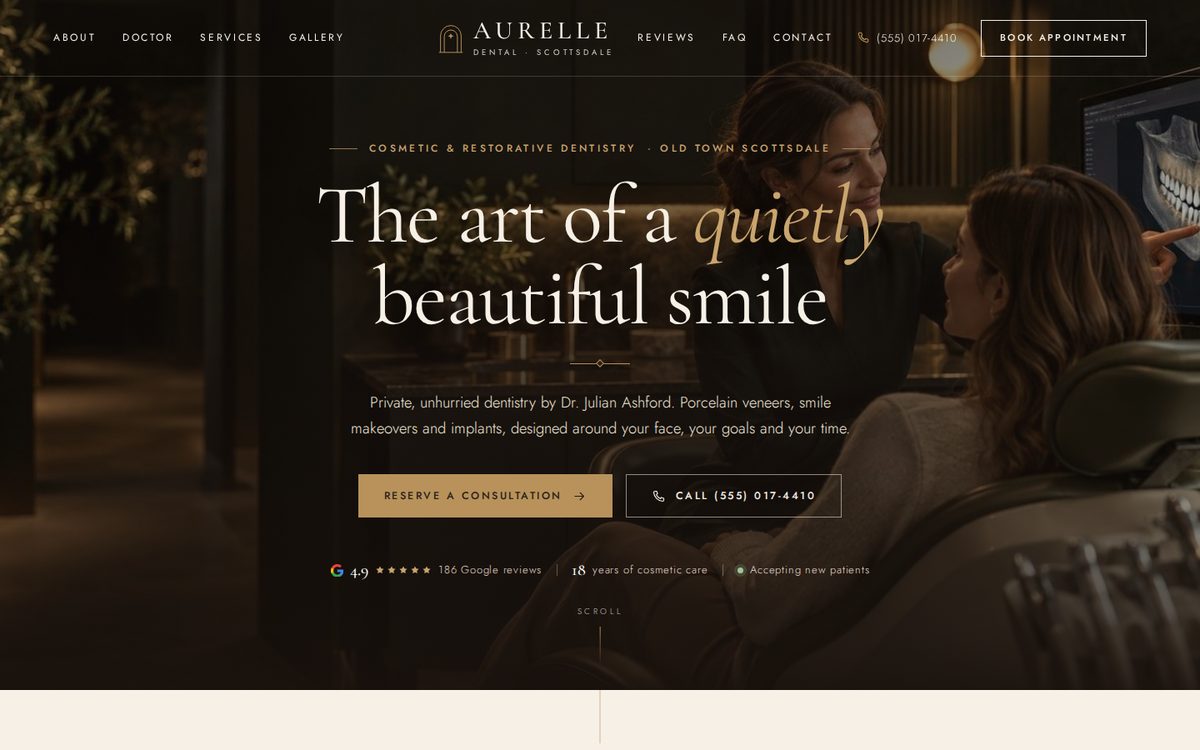 Homepage preview of the Aurelle Luxe template for Aurelle Dental