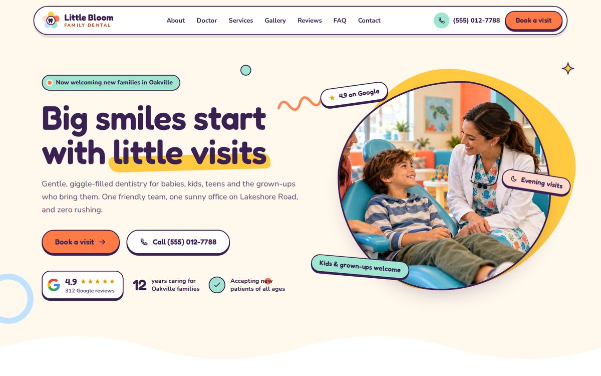 Homepage preview of the Little Bloom template for Little Bloom Family Dental