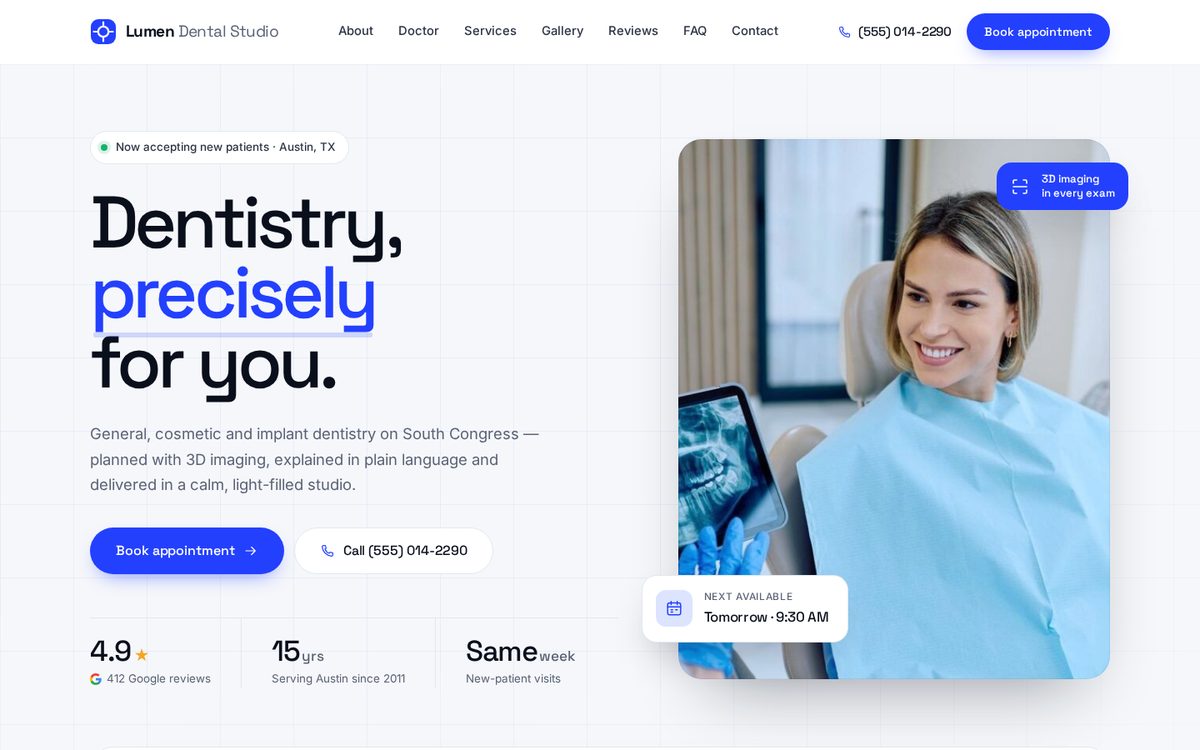 Homepage preview of the Lumen Modern template for Lumen Dental Studio