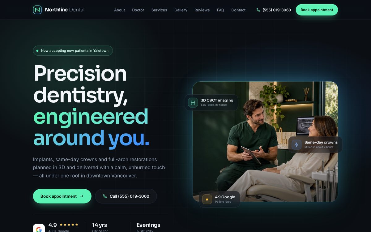 Homepage preview of the Northline Dark template for Northline Dental