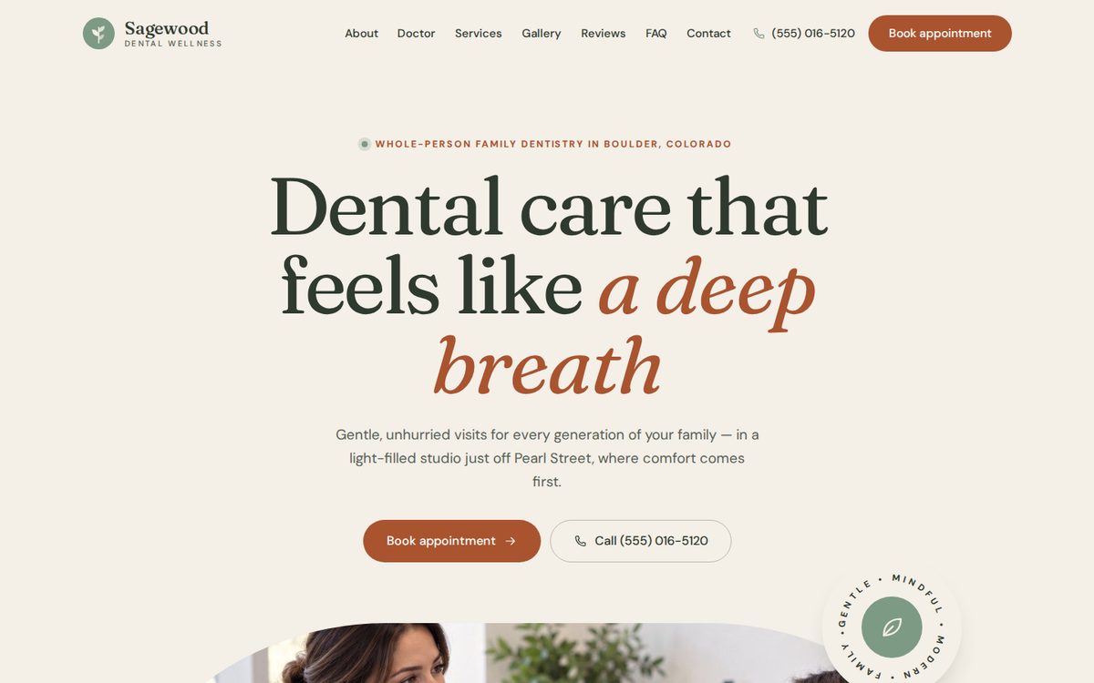 Homepage preview of the Sagewood Wellness template for Sagewood Dental Wellness