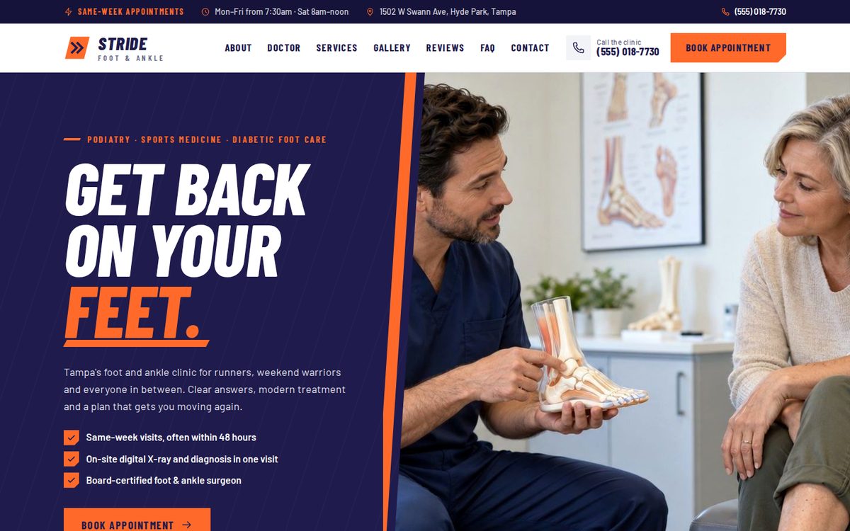 Homepage preview of the Stride Podiatry template for Stride Foot & Ankle